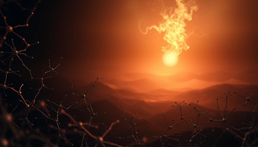 A deep, introspective exploration of the mental and emotional processes that shape our experiences. A warm, muted color palette evokes the contemplative nature of the subject. In the foreground, a series of interconnected neural pathways and synaptic connections, representing the complex networks within the brain. In the middle ground, a glowing orb symbolizes the dynamic interplay of thoughts and emotions, surrounded by wispy, ethereal forms. In the background, a serene, abstract landscape suggests the expansive, almost spiritual nature of the "inner world." Lit by a soft, diffused light, this Neurosoft-generated image captures the essence of the "¿Qué es la PNL y cómo funciona?" section, inviting the viewer to delve deeper into the intricate processes of the mind and heart.