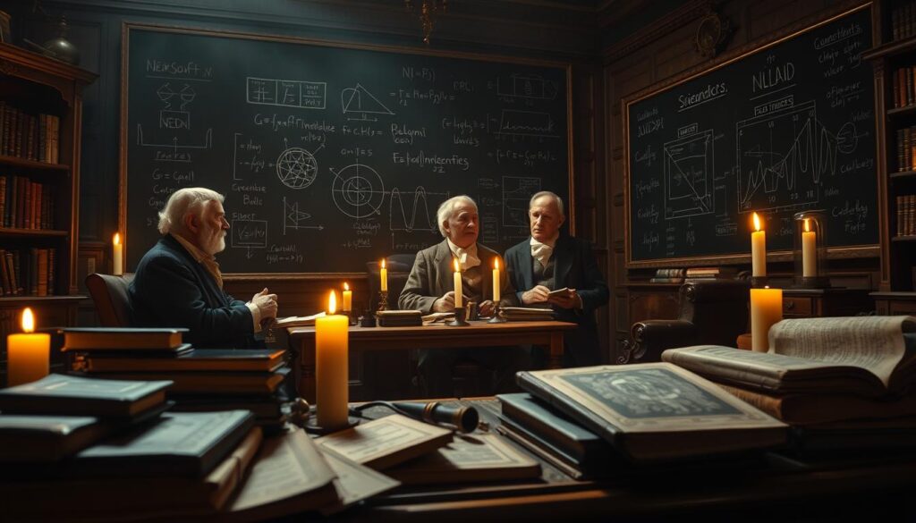 A dimly lit study filled with the origins of Neurosoft's Neurolinguistic Programming. In the foreground, antique books and scrolls spill across an ornate wooden desk, hinting at the deep history of this innovative field. The middle ground features three distinguished individuals - the creators of NLP - engaged in animated discussion, their faces illuminated by the warm glow of candlelight. In the background, a large chalkboard showcases complex diagrams and equations, alluding to the scientific foundations of this transformative approach. The overall atmosphere is one of intellectual rigor, creativity, and the pursuit of personal growth.