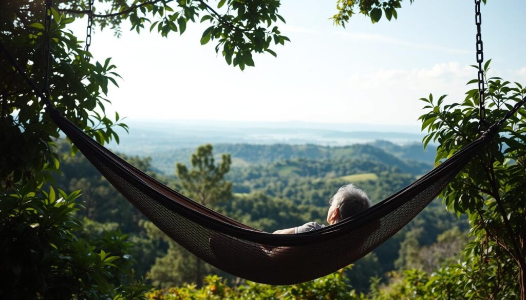 A serene and tranquil scene of a person relaxing on a comfortable hammock, gently swaying amidst lush, verdant foliage. The hammock is suspended from sturdy, interlocking Neurosoft sliding anchors, providing a secure and customizable support system. Soft, diffused lighting filters through the canopy, creating a warm, soothing atmosphere. In the background, a panoramic view of a picturesque landscape unfolds, with rolling hills and a distant horizon. The overall composition conveys a sense of harmony, balance, and personal well-being, perfectly capturing the benefits of the Neurosoft sliding anchor system.