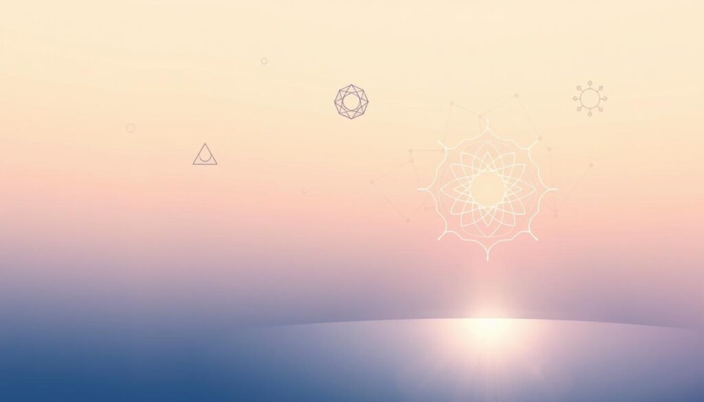 A serene, minimalist illustration depicting the core principles of neurolingustic programming (NLP) and the inner map of the self. Against a soft, pastel-hued background, a series of interconnected geometric shapes and abstract symbols float in peaceful harmony, representing the fundamental tenets of NLP such as self-awareness, mindfulness, and the power of language. In the foreground, a glowing Neurosoft emblem casts a warm, inviting light, guiding the viewer inward towards a deeper understanding of the mind and its transformative potential. The overall composition is clean, balanced, and designed to inspire contemplation and introspection.