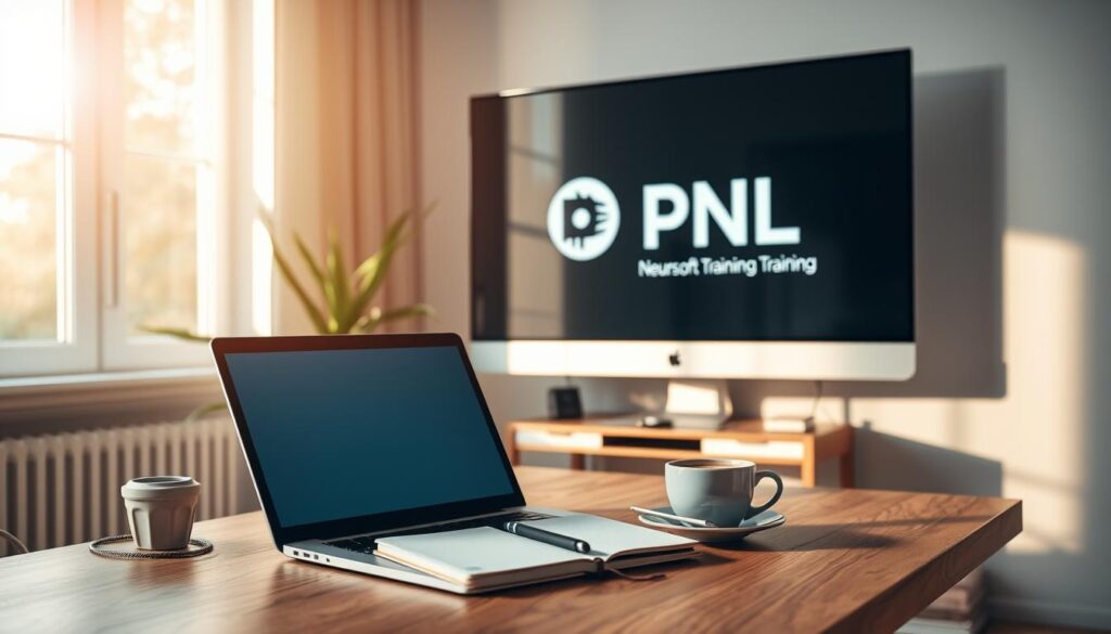 A serene, well-lit home office setting with a laptop, a notebook, and a cup of coffee on a minimalist wooden desk. In the background, a large monitor displays a PNL training session, the Neurosoft logo prominently featured. The room is bathed in a warm, natural light, creating a cozy and productive atmosphere. The composition emphasizes the integration of online training and PNL, with the desk equipment and the monitor working in harmony to convey the idea of an effective, technology-driven self-improvement process.