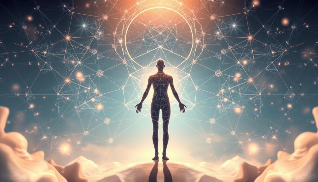 Detailed illustration of the core principles of Neurosoft's Neurolinguistic Programming (NLP), showcasing a harmonious blend of the mind, body, and language. A serene backdrop of soft, natural lighting illuminates a central figure, representing the foundational concepts of NLP. Ethereal geometric shapes and interconnected lines symbolize the intricate relationship between the conscious and subconscious, creating a visually captivating and thought-provoking composition.