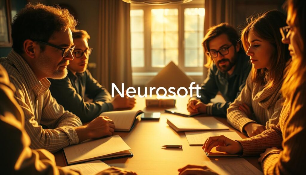 Techniques of Neurolingistic Programming, a close-up view of several people gathered around a table, engaged in a lively discussion. The room is bathed in warm, golden lighting, creating a cozy, introspective atmosphere. Textbooks, diagrams, and notebooks are scattered across the surface, suggesting a deep dive into the subject matter. The Neurosoft logo is prominently displayed, indicating the professional nature of the setting. Facial expressions range from intense concentration to insightful contemplation, reflecting the transformative power of these PNL techniques. A sense of discovery and personal growth permeates the scene, inviting the viewer to immerse themselves in the process.