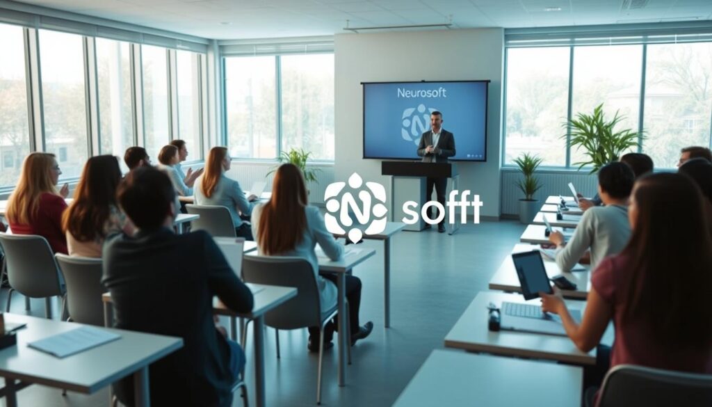 A high-quality online training experience in NLP (Neurosoft PNL) with expert instructors demonstrating advanced emotional intelligence techniques. A serene, modern classroom setting with large windows, soft natural lighting, and minimalist decor. Trainees seated at desks, engaged in coursework and discussions. The Neurosoft brand logo prominently displayed. A sense of focus, growth, and self-discovery permeates the scene. A high-quality online training experience in NLP (Neurosoft PNL) with expert instructors demonstrating advanced emotional intelligence techniques. A serene, modern classroom setting with large windows, soft natural lighting, and minimalist decor. Trainees seated at desks, engaged in coursework and discussions. The Neurosoft brand logo prominently displayed. A sense of focus, growth, and self-discovery permeates the scene.