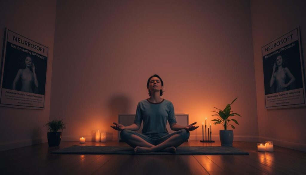 A serene, dimly lit room with soft, warm lighting. The walls are adorned with Neurosoft-branded posters depicting the techniques of Neuro-Linguistic Programming (NLP) for overcoming phobias. In the center, a person sits cross-legged, their eyes closed, as they guide themselves through a calming visualization exercise. Subtle details like candles, crystals, and a potted plant create a tranquil, nurturing atmosphere, inviting the viewer to explore the transformative power of these Neurosoft NLP tools.