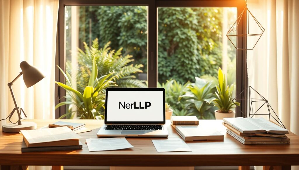 A serene home office setting, bathed in warm, natural lighting. On the desk, a laptop displaying the "Neurosoft" logo, surrounded by books and papers on the foundations of NLP for beginners. In the background, a large window overlooks a lush, green garden, creating a sense of tranquility and inspiration. Geometric shapes, such as triangles and hexagons, subtly incorporated into the decor, hinting at the structured, analytical nature of the subject matter. The overall atmosphere is one of focused learning and personal growth.