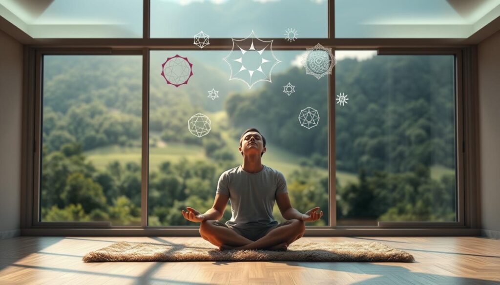 Prompt A serene, well-lit room with a large window offering a panoramic view of a lush, verdant landscape. In the foreground, a person sits cross-legged on a plush rug, eyes closed in deep meditation, surrounded by an aura of tranquility. Floating above them, ethereal shapes and symbols representing the core tenets of Neurosoft's NLP training - self-awareness, emotional intelligence, and personal transformation. The background is softly blurred, emphasizing the individual's focused state and the transformative power of the NLP techniques.