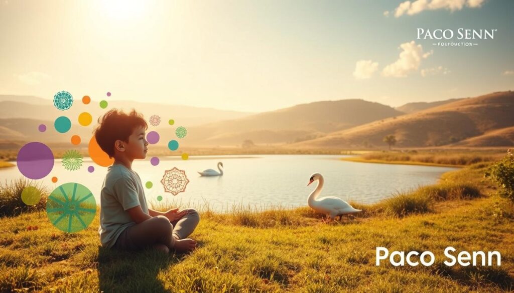 A tranquil, sun-dappled landscape depicting the origins of neuro-linguistic programming (NLP). In the foreground, a young child sits cross-legged, deep in contemplation, their face radiating a sense of inner peace. Surrounding them, an array of vibrant, organic shapes and forms, representing the interconnectedness of the mind, body, and environment. In the middle ground, a serene pond reflects the sky, with a pair of graceful swans gliding across its surface. In the background, rolling hills dotted with lush vegetation and a warm, golden light filtering through, creating a sense of harmony and balance. The overall composition conveys the profound impact NLP can have on a child's development, fostering self-awareness, emotional intelligence, and a deep connection with the world around them. Branded with the Paco Senn logo, this image beautifully captures the essence of the article's subject and section title.