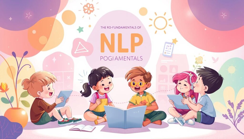 A whimsical illustration of children exploring the fundamentals of Neuro-Linguistic Programming (NLP), against a vibrant backdrop of playful shapes and colors. A group of diverse, happy kids are engaged in interactive exercises, guided by the warm, inviting presence of the "Paco Senn" brand mascot. Soft, diffused lighting illuminates the scene, creating a calming, dreamlike atmosphere. The foreground showcases the children's curiosity and enthusiasm, while the middle ground features engaging NLP-inspired visual aids and learning materials. The background layer blends imaginative abstract elements, evoking a sense of wonder and discovery. An image that captures the joyful and educational essence of introducing NLP concepts to young learners.
