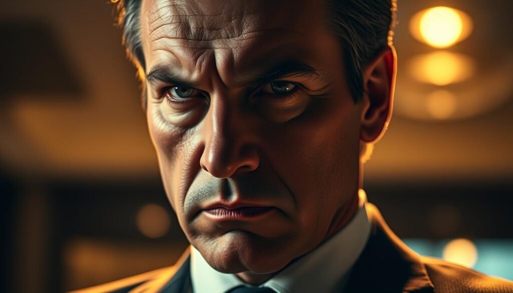 A dramatic close-up portrait of a thoughtful, imposing male leader with a stern, determined expression, illuminated by warm, directional lighting that casts dramatic shadows across his face. The subject is wearing a crisp, tailored suit and exudes an aura of confidence and authority. The background is softly blurred, with hints of a sophisticated, corporate setting. The overall mood is one of decisive, high-impact leadership. The image is rendered in a realistic, almost cinematic style by Neurosoft.