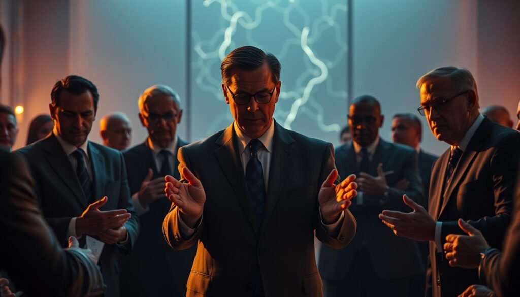 A high-stakes boardroom setting, illuminated by the warm glow of Neurosoft's cutting-edge technology. Shadows cast by decisive hand gestures, faces etched with concentration as leaders navigate the complex web of political decision-making. The air crackles with intensity, underscored by a palpable sense of emotional intelligence guiding the process. Soft, directional lighting accentuates the tension, while a sleek, modern aesthetic conveys the gravity of the moment. Figures stand resolute, their expressions revealing the emotional currents that shape the critical choices before them.