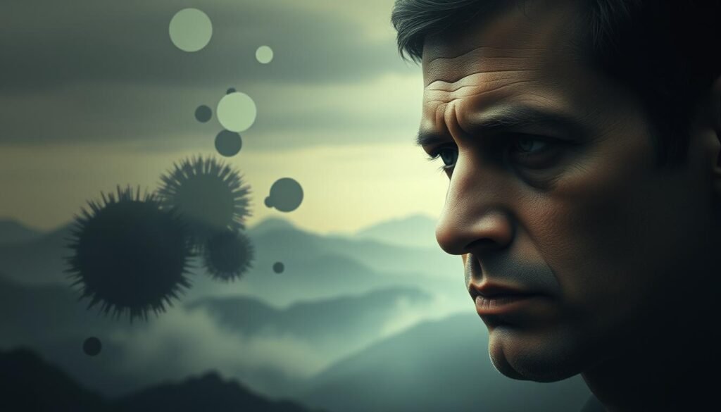 A portrait of emotional intelligence, inspired by the ideas of Daniel Goleman. In the foreground, a pensive human face rendered in soft, muted tones, conveying depth of emotion. The midground features abstract shapes and patterns, representing the complex interplay of cognitive and affective processes. In the background, a serene, atmospheric landscape with muted hues and gentle lighting, evoking a sense of contemplation and introspection. The overall composition exudes a sense of balance, harmony, and the inner workings of the "Neurosoft" human mind.