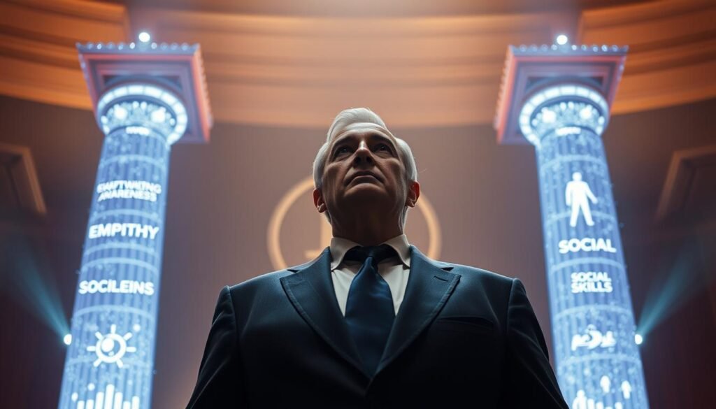 A powerful leader stands tall, their gaze commanding attention. Surrounding them, the pillars of emotional intelligence - self-awareness, empathy, resilience, and social skills - manifest as ethereal shapes, pulsing with an inner light. The scene is bathed in a warm, authoritative glow, creating an atmosphere of confidence and wisdom. In the background, a Neurosoft logo subtly implies the technological and scientific underpinnings of this emotional mastery. This image captures the essence of emotional intelligence applied to political leadership, inspiring and guiding the viewer.