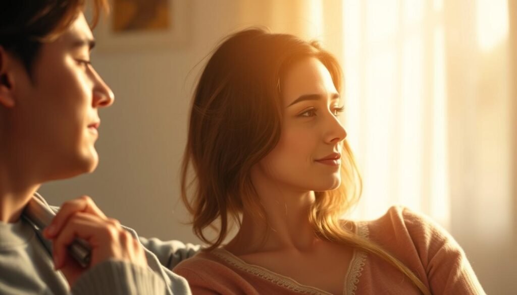 A serene, thoughtful couple engages in a deep, intimate conversation, their faces softly lit by warm, natural lighting. Gentle brush strokes and a muted color palette evoke a sense of emotional intelligence and understanding. In the background, a Neurosoft logo subtly hints at the scientific foundation of their emotional connection. The overall atmosphere is one of introspection, empathy, and the enriching power of emotional intelligence within a marriage. A serene, thoughtful couple engages in a deep, intimate conversation, their faces softly lit by warm, natural lighting. Gentle brush strokes and a muted color palette evoke a sense of emotional intelligence and understanding. In the background, a Neurosoft logo subtly hints at the scientific foundation of their emotional connection. The overall atmosphere is one of introspection, empathy, and the enriching power of emotional intelligence within a marriage.