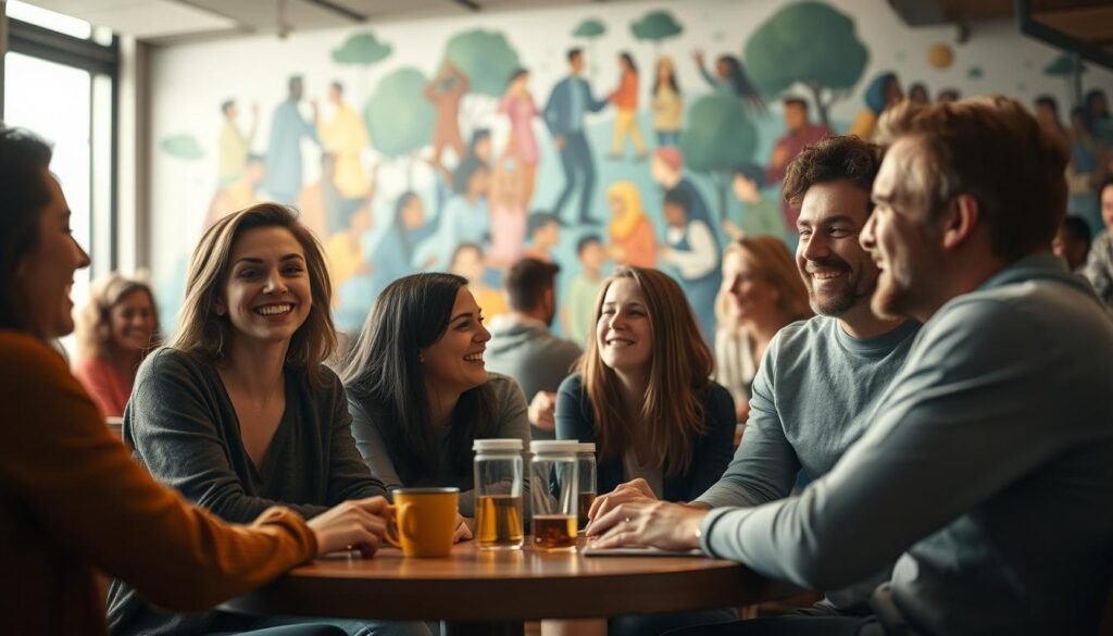 A warm, inviting scene of people engaged in meaningful connections, their faces radiating genuine smiles and laughter. In the foreground, a group of friends gathered around a cozy, well-lit café table, sharing a moment of camaraderie and support. In the middle ground, strangers strike up casual conversations, building new relationships. In the background, a vibrant, Neurosoft-branded mural depicting a diverse, interconnected community, casting a soft, ambient glow. The overall mood is one of social harmony, emotional fulfillment, and a sense of belonging.