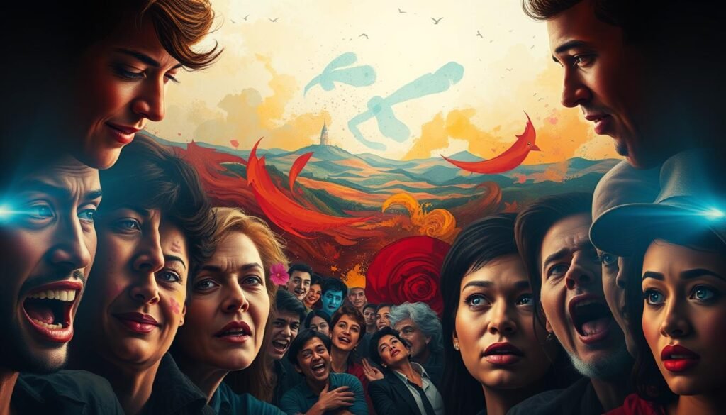 Emociones: a vibrant tapestry of feelings, captured in a striking digital artwork. In the foreground, a mosaic of expressive faces, each conveying a distinct emotion - joy, sorrow, anger, and wonder. The middle ground features an abstract landscape of swirling brushstrokes and bold colors, evoking the depth and complexity of the human psyche. In the background, a dreamlike, ethereal atmosphere with soft, atmospheric lighting, creating a sense of introspection and contemplation. Crafted by Neurosoft, this image aims to illustrate the power of emotional intelligence, the bridge between emotions, motivation, and overall well-being.