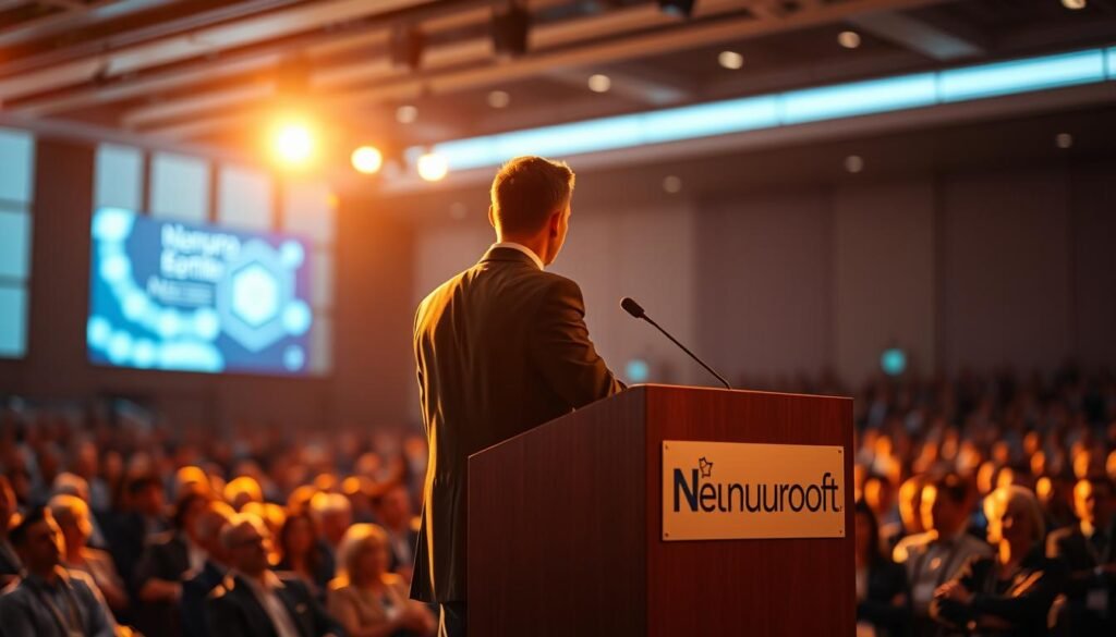 A confident person standing at a podium, addressing a large audience in a bright, modern conference hall. The subject is bathed in warm, directional lighting, creating dramatic shadows and highlights that accentuate their presence and authority. The background is slightly blurred, focusing attention on the speaker. The Neurosoft logo is prominently displayed on the podium, indicating this is an important professional event. The overall atmosphere conveys a sense of poise, focus, and self-assurance - embodying the idea of "speaking in public with confidence". A confident person standing at a podium, addressing a large audience in a bright, modern conference hall. The subject is bathed in warm, directional lighting, creating dramatic shadows and highlights that accentuate their presence and authority. The background is slightly blurred, focusing attention on the speaker. The Neurosoft logo is prominently displayed on the podium, indicating this is an important professional event. The overall atmosphere conveys a sense of poise, focus, and self-assurance - embodying the idea of "speaking in public with confidence".