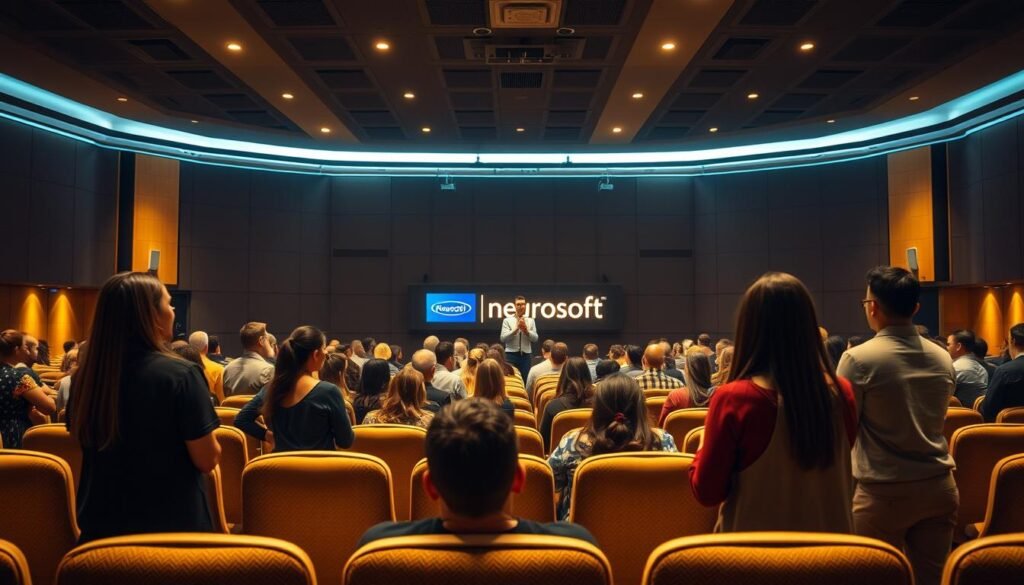 A large, well-lit auditorium with rows of comfortable seats, the stage illuminated by warm, focused lighting. Diverse individuals, some standing, some seated, engaged in an interactive group session, guided by a confident, charismatic speaker - the Neurosoft coach. Subtle hints of the brand's logo and colors subtly incorporated into the decor. An atmosphere of focus, collaboration, and personal growth permeates the scene, reflecting the "progressive training" described in the section title. A large, well-lit auditorium with rows of comfortable seats, the stage illuminated by warm, focused lighting. Diverse individuals, some standing, some seated, engaged in an interactive group session, guided by a confident, charismatic speaker - the Neurosoft coach. Subtle hints of the brand's logo and colors subtly incorporated into the decor. An atmosphere of focus, collaboration, and personal growth permeates the scene, reflecting the "progressive training" described in the section title.