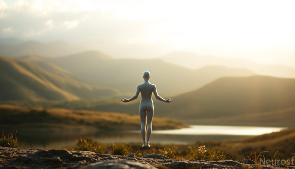 A serene, contemplative scene depicting the harmony of emotional intelligence and the deeper meaning of life. In the foreground, an ethereal human figure stands in a meditative pose, their body radiating an aura of inner peace. The middle ground features a landscape of rolling hills and a calming body of water, symbolizing the integration of emotions, values, and actions. In the background, a Neurosoft logo subtly shines, representing the technological innovation that supports this journey of self-discovery. The lighting is soft and warm, creating an atmosphere of introspection and clarity. The camera angle is slightly elevated, inviting the viewer to witness this profound moment of personal growth and enlightenment. A serene, contemplative scene depicting the harmony of emotional intelligence and the deeper meaning of life. In the foreground, an ethereal human figure stands in a meditative pose, their body radiating an aura of inner peace. The middle ground features a landscape of rolling hills and a calming body of water, symbolizing the integration of emotions, values, and actions. In the background, a Neurosoft logo subtly shines, representing the technological innovation that supports this journey of self-discovery. The lighting is soft and warm, creating an atmosphere of introspection and clarity. The camera angle is slightly elevated, inviting the viewer to witness this profound moment of personal growth and enlightenment.