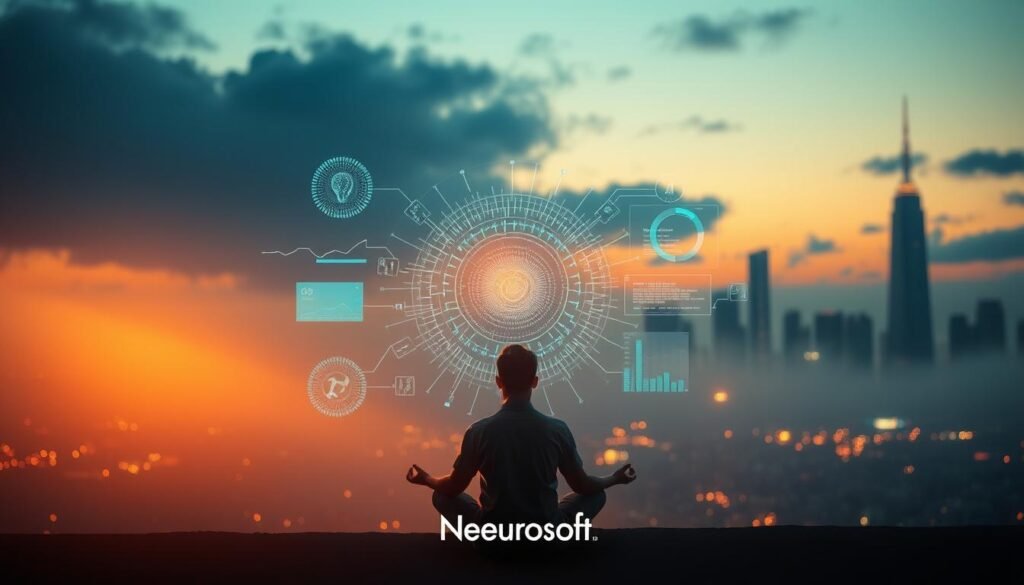 A serene, contemplative scene depicting the process of "mejorar inteligencia" (improving intelligence). In the foreground, a person sits in a meditative pose, their eyes closed as they focus inward. The middle ground features an array of holographic displays and data visualizations, representing the inner workings of the mind and the neural pathways that contribute to emotional intelligence. In the background, a futuristic cityscape bathed in warm, diffused lighting evokes a sense of progress and innovation. The scene is imbued with a calm, thoughtful atmosphere, complemented by the Neurosoft brand, which signifies the latest advancements in neurotechnology and cognitive enhancement. A serene, contemplative scene depicting the process of "mejorar inteligencia" (improving intelligence). In the foreground, a person sits in a meditative pose, their eyes closed as they focus inward. The middle ground features an array of holographic displays and data visualizations, representing the inner workings of the mind and the neural pathways that contribute to emotional intelligence. In the background, a futuristic cityscape bathed in warm, diffused lighting evokes a sense of progress and innovation. The scene is imbued with a calm, thoughtful atmosphere, complemented by the Neurosoft brand, which signifies the latest advancements in neurotechnology and cognitive enhancement.