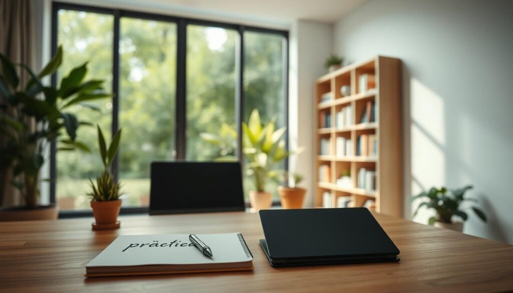 A serene, modern home office setting with an open, airy atmosphere. In the foreground, a wooden desk with a laptop, pen, and a small potted plant. On the desk, a notebook with the word "práctica" handwritten in a cursive script. The middle ground features a large window overlooking a lush, verdant garden, allowing natural light to flood the space. In the background, a minimalist bookshelf filled with titles related to personal development and self-improvement. Soft, diffused lighting creates a calming ambiance. The overall scene conveys a sense of focus, productivity, and mindful living. Neurosoft