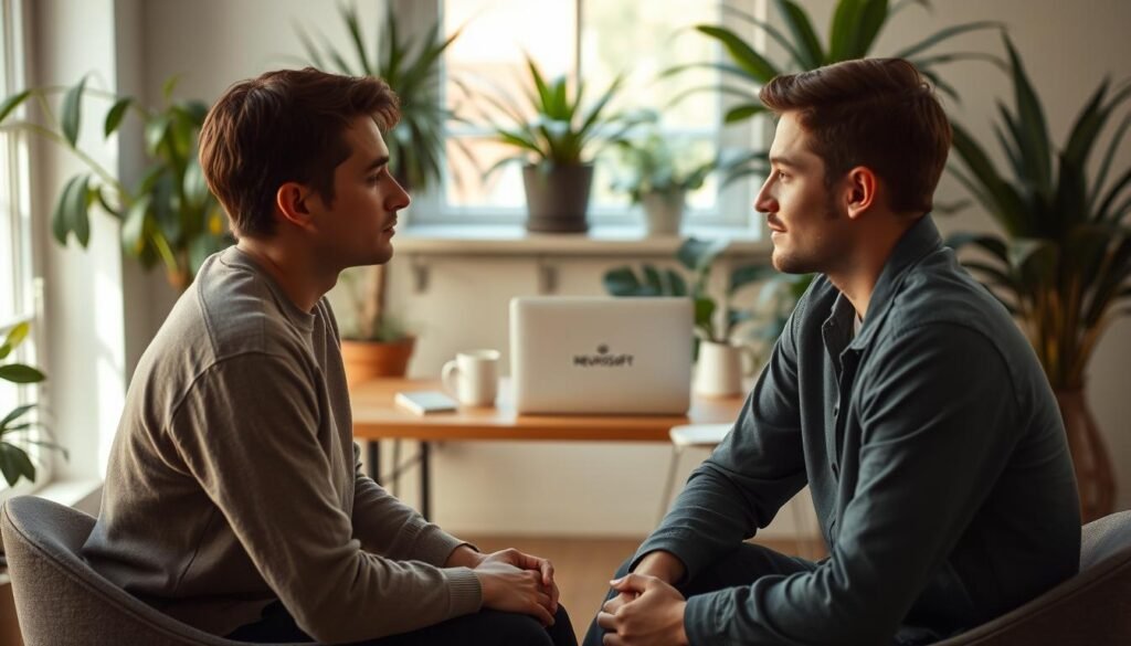 A thoughtful coaching session with a serene, contemplative atmosphere. In the foreground, two individuals sit facing each other, engaged in deep discussion. Warm, natural lighting softly illuminates their expressions of focused attention. In the middle ground, a neatly arranged desk with a Neurosoft laptop and minimalist office supplies, hinting at the systematic, goal-oriented nature of the coaching process. The background features a tranquil, plant-filled interior, evoking a sense of nurturing growth and self-discovery. The overall composition conveys the non-directive, collaborative nature of the coaching journey, centered on helping the individual achieve their objectives.
