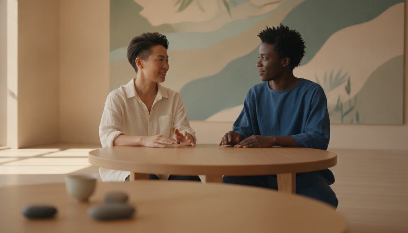 Dos personas conversando con calma y empatía para la resolución de conflictos con inteligencia emocional
