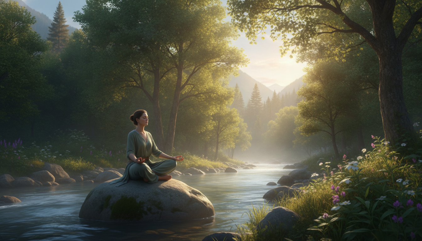 Una persona sonriente meditando al aire libre durante el amanecer, representando el Mindfulness e Inteligencia Emocional.