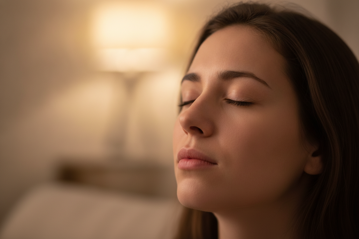 Primer plano de una persona respirando profundamente en un ambiente cálido